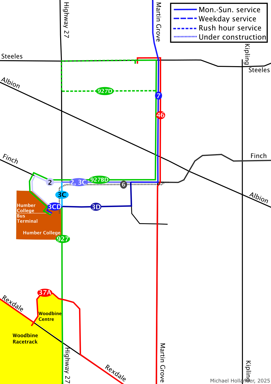 Option 3D runs along Humber College Blvd. and 
    John Garland Blvd. to Finch. Option 3C runs along Hwy. 27 to Finch. Option 2 
    keeps the existing routing north of Humber College.